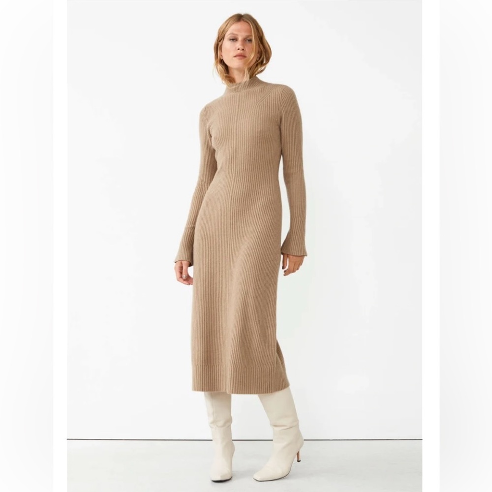 & Other Stories Fitted A-Line Wool Knit Dress Size M Caramel Brown